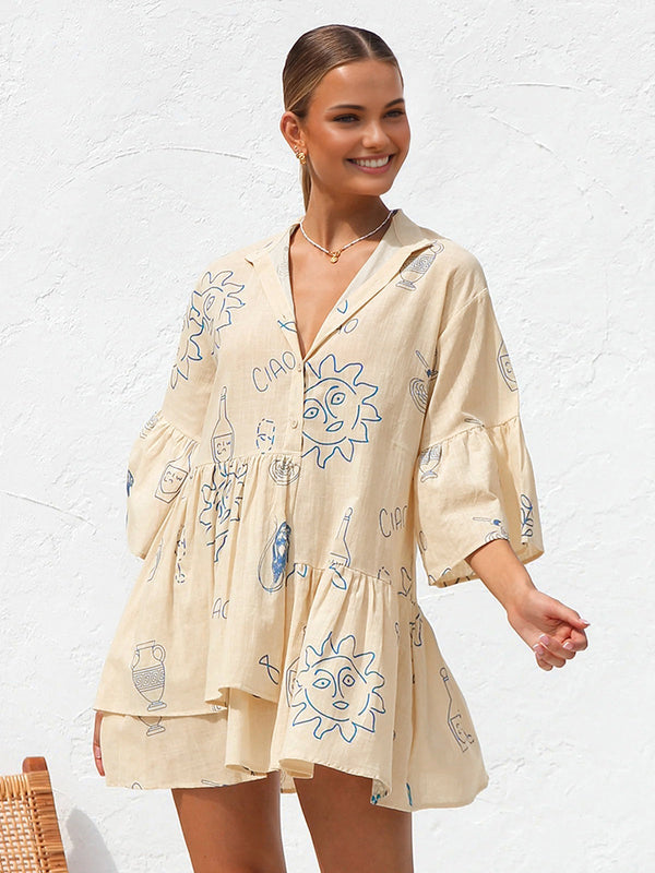 Pink Baby oversized sun print short dress with flowing fabric and vibrant yellow sun pattern, perfect for casual summer wear.