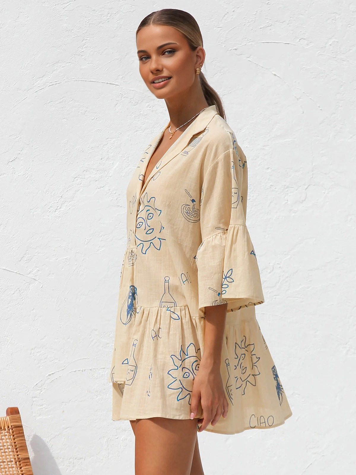 Pink Baby oversized sun print short dress with relaxed fit and vibrant sun print design, perfect for casual summer wear.