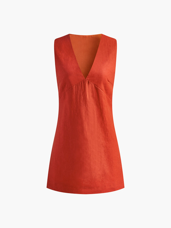 Pink Baby cotton and linen V-neck short dress with a casual, flowy design, perfect for warm weather.