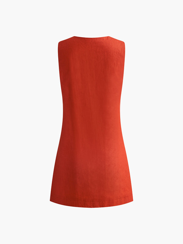 Pink Baby cotton and linen V-neck short dress with a relaxed fit, featuring a breezy, lightweight design perfect for warm weather.