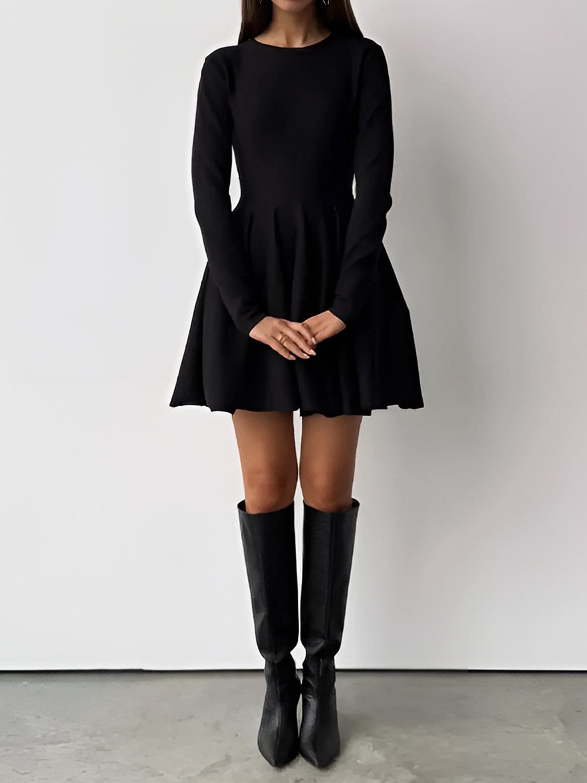 Pink Baby plain pleated sweater short dress, stylish knit dress with a fitted silhouette and ribbed hem, ideal for casual wear.