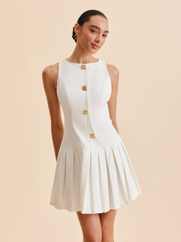 Pink Baby metal-button pleated tank dress for women, featuring a sleeveless design with front metallic buttons and a flowy pleated skirt.