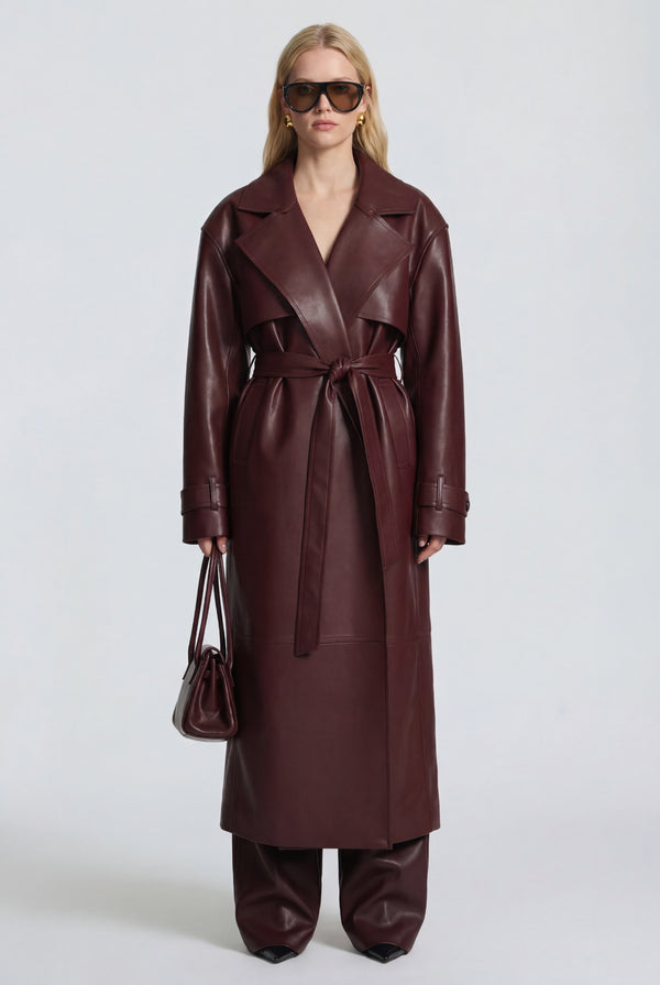 Vittoria Leather Maxi Trench Burgundy