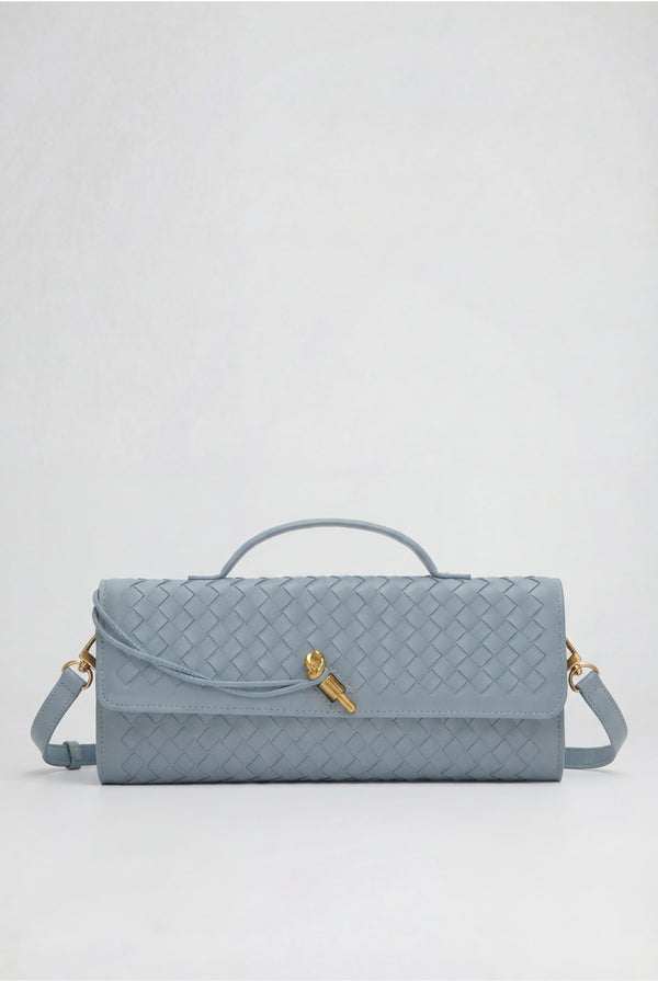 Two Way Woven Flap Clutch Shoulder Bag Light Blue
