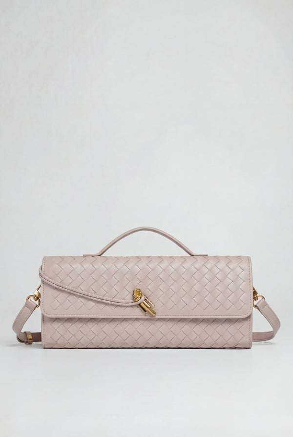Two Way Woven Flap Clutch Shoulder Bag Beige