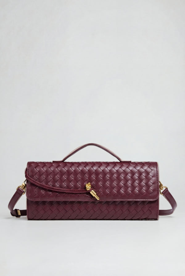 Two Way Woven Flap Clutch Shoulder Bag Burgundy