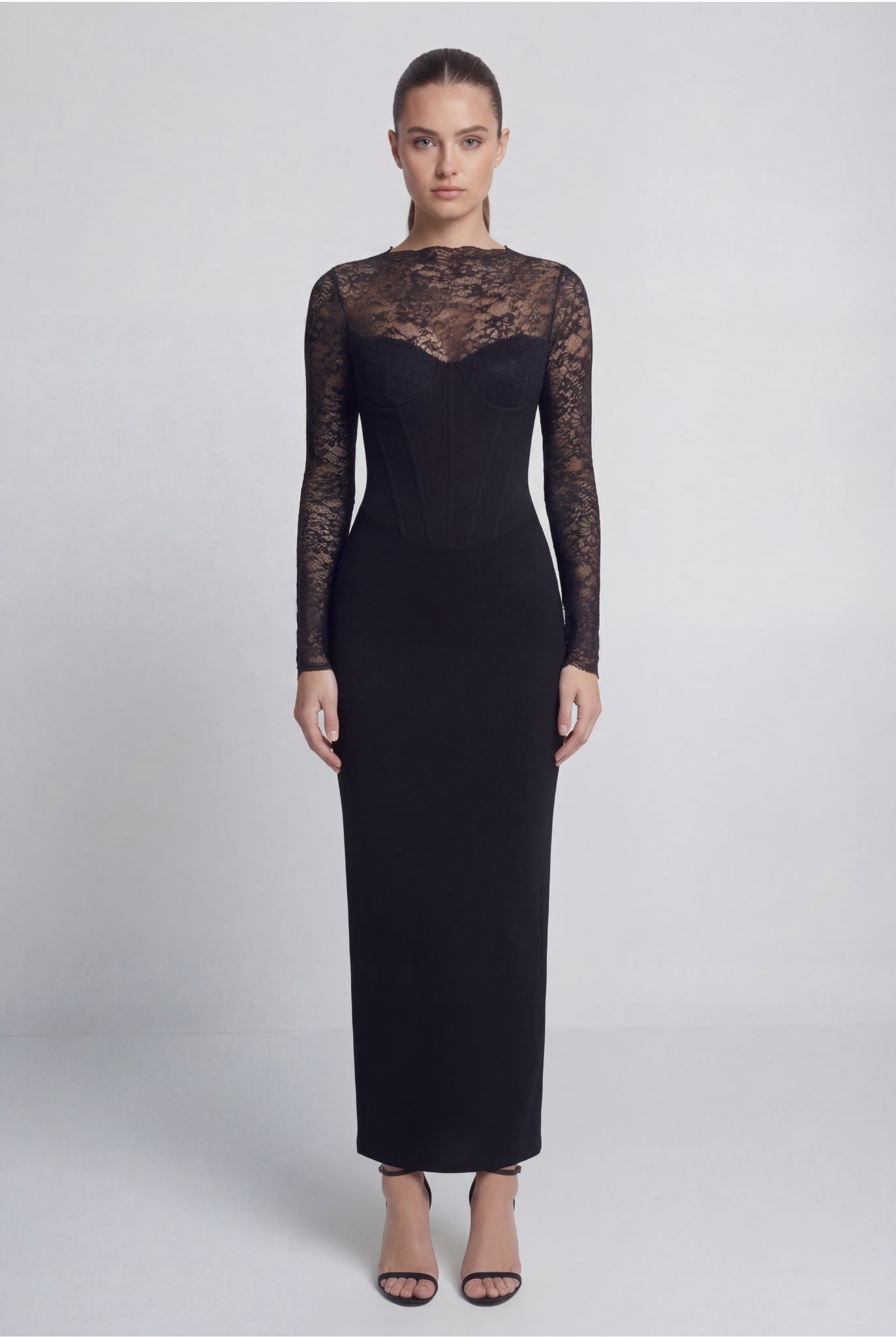 Yorumi Black Lace Long Sleeve Corset Maxi Dress