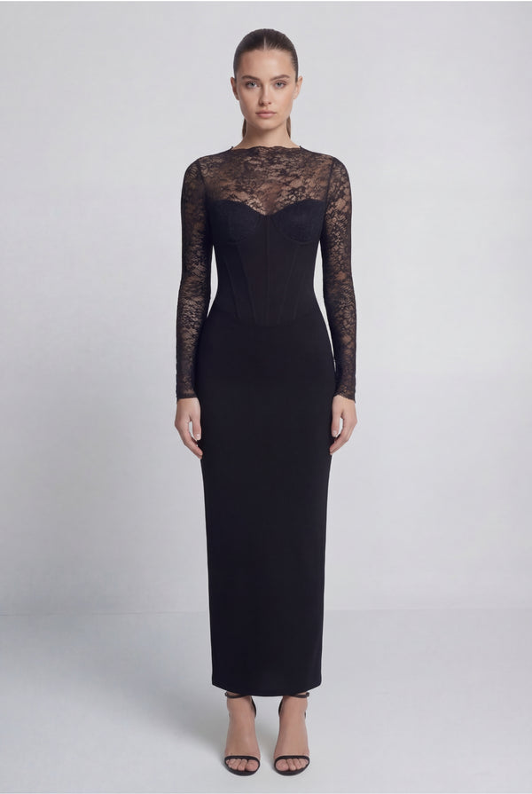 Yorumi Black Lace Long Sleeve Corset Maxi Dress