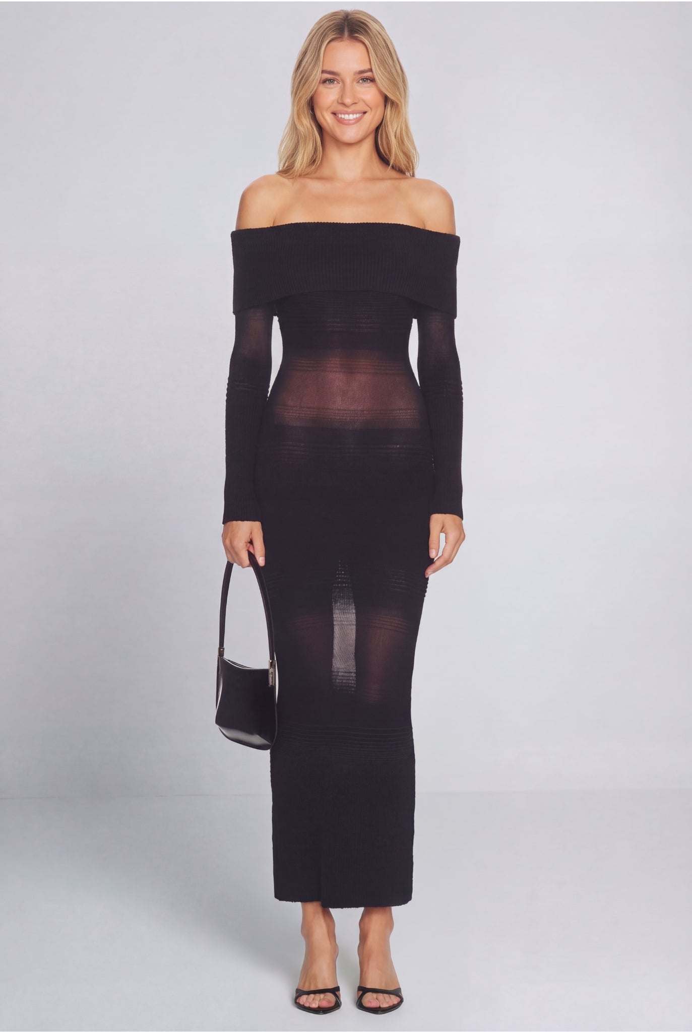 Venturi Off-Shoulder Sheer Knit Maxi Dress Black