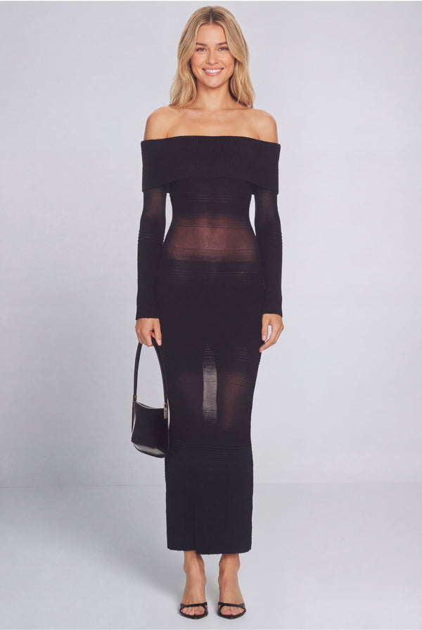 Venturi Off-Shoulder Sheer Knit Maxi Dress Black