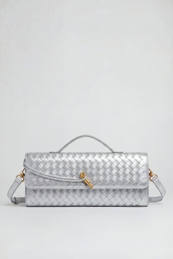 Two Way Woven Flap Clutch Shoulder Bag Silver