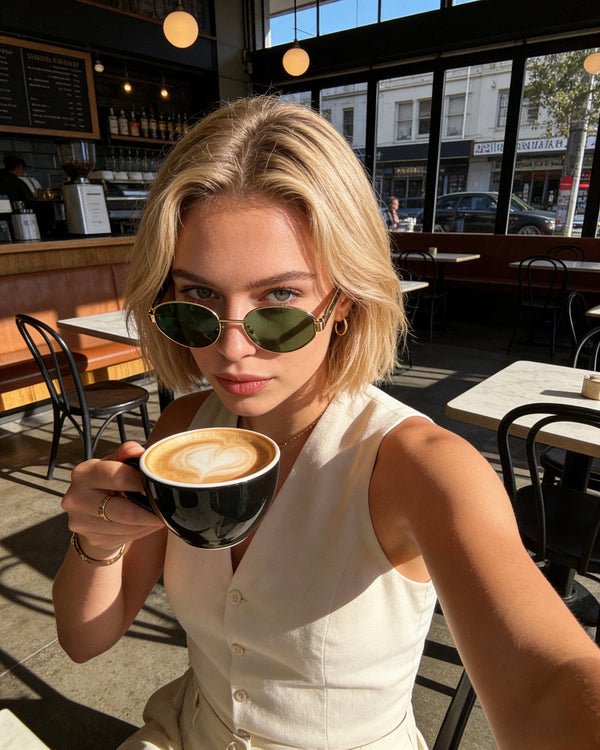 Pink Baby Hollis Dawn oval polarized sunglasses with tinted lenses and sleek black frames, stylish eye protection.