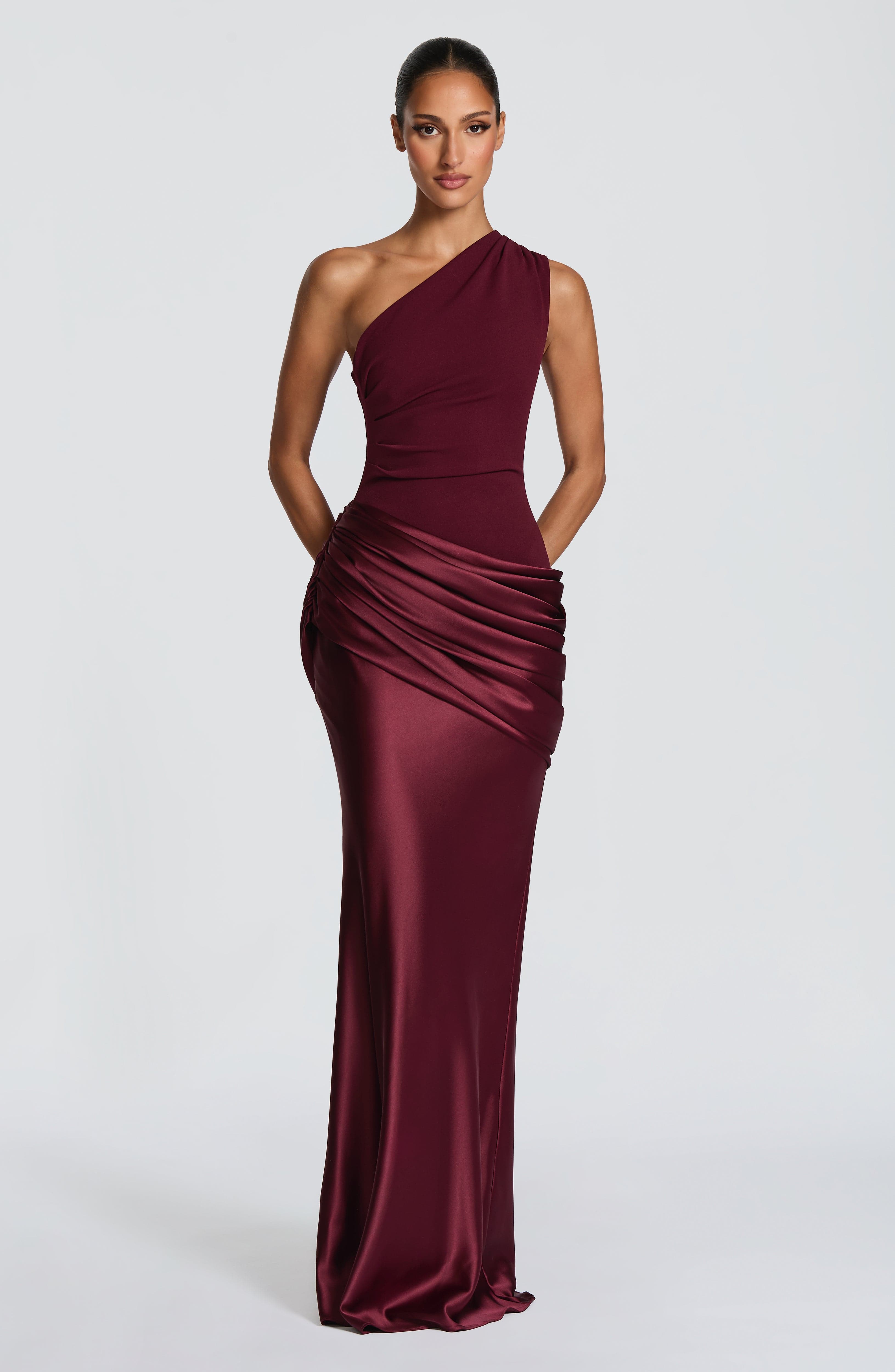 Pink Baby Sadona Maxi Dress in Cherry Lacquer, flowing fabric with elegant design, perfect for summer or special occasions.