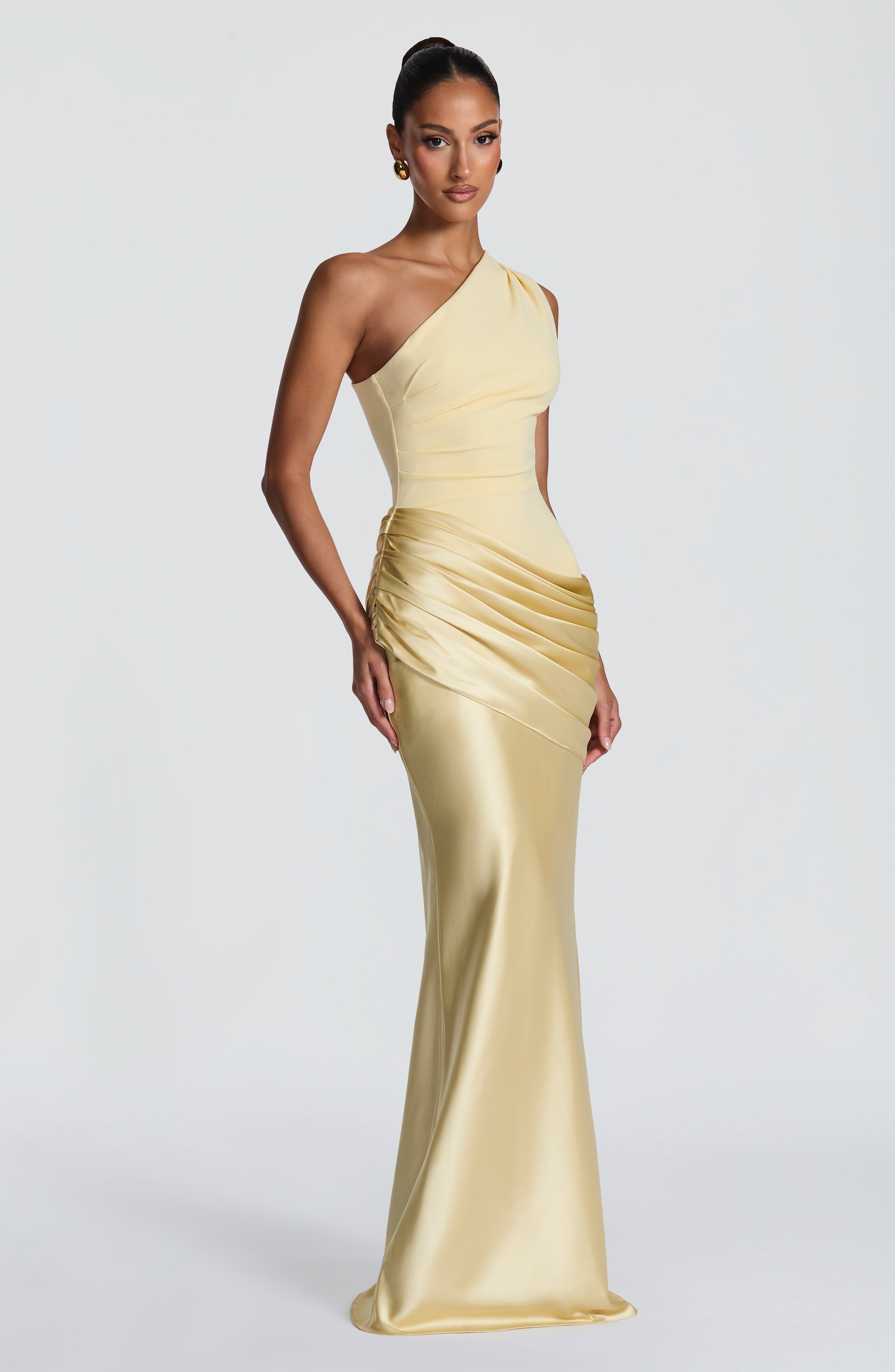 Pink Baby Sadona Maxi Dress in Lemon color, flowing fabric with a relaxed fit, perfect for warm weather and casual occasions.